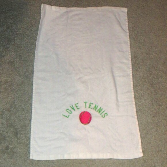 White Tennis Towel "Love Tennis" Logo & Tennis Ball Pic - abt. 26" L x 16' W - Picture 2 of 8